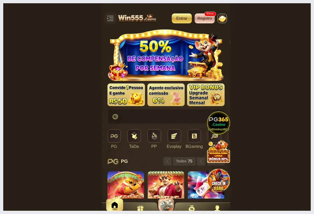 Página inicial do Win555 Casino Casino, banner promocional "50% DE COMPENSAÇÃO POR SEMANA" e grade de jogos do provedor PG, 21.10.2026