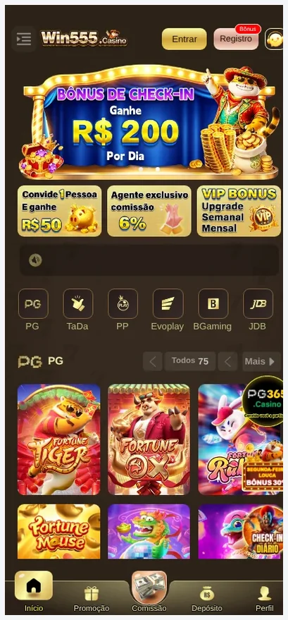 Página inicial móvel Win555 Casino, grade de jogos com tiles "Fortune Tiger", "Fortune 2", "PG365" e navegação de provedores, 22.10.2026