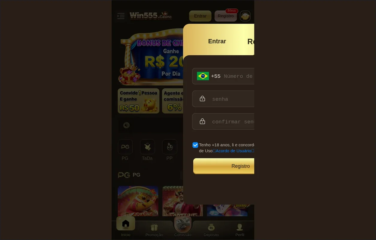 Sobreposição de modal de registro Win555 Casino, botão "Registro" e campos de entrada, 22.10.2026
